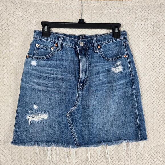 GAP Denim Skirt Women 4 Tall 27T Blue Distressed Raw Hem Jean Skirt Casual Retro - Picture 2 of 11
